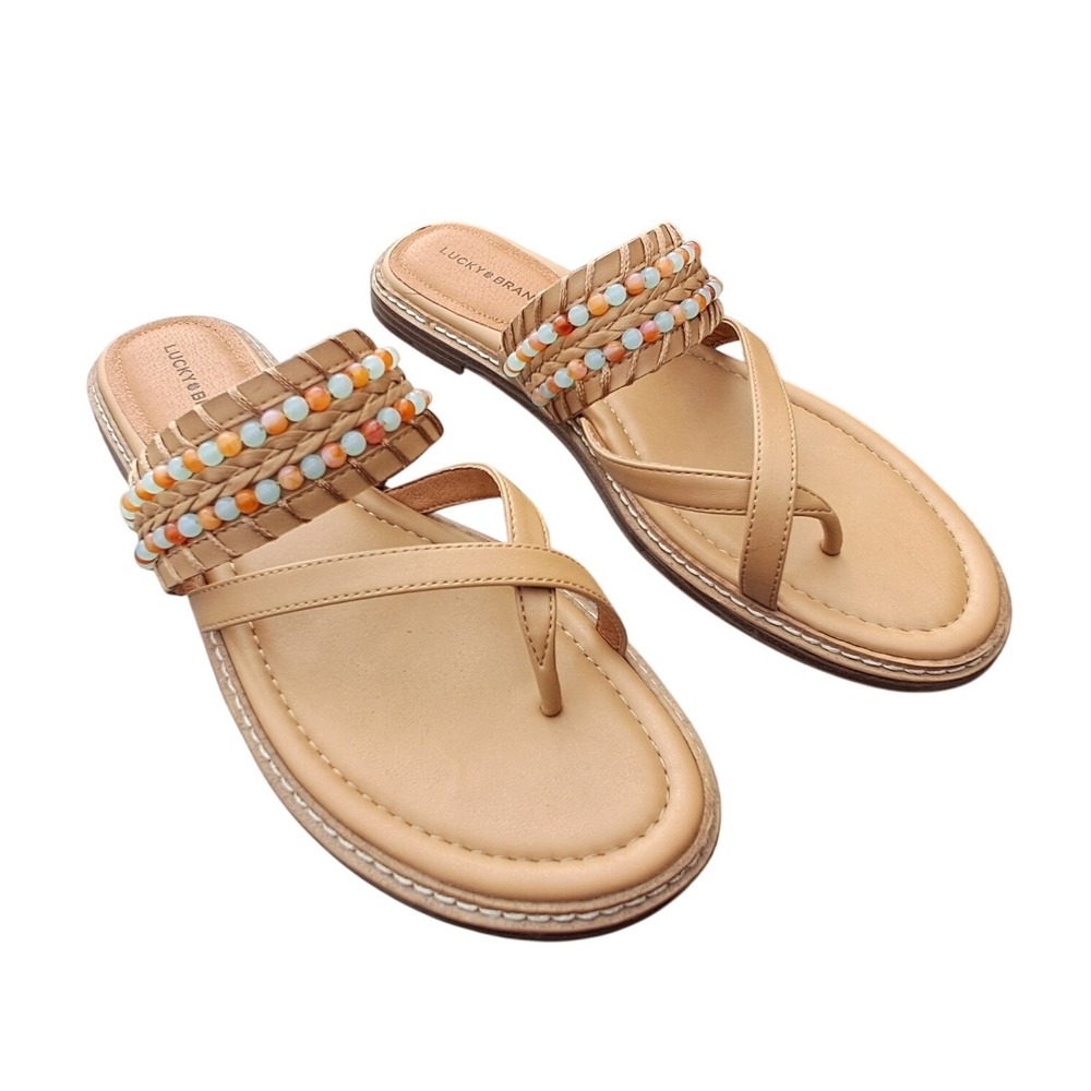 Lucky Brand Kekay Tan Beaded Braided Boho Slide Sandals Womens 9.5M